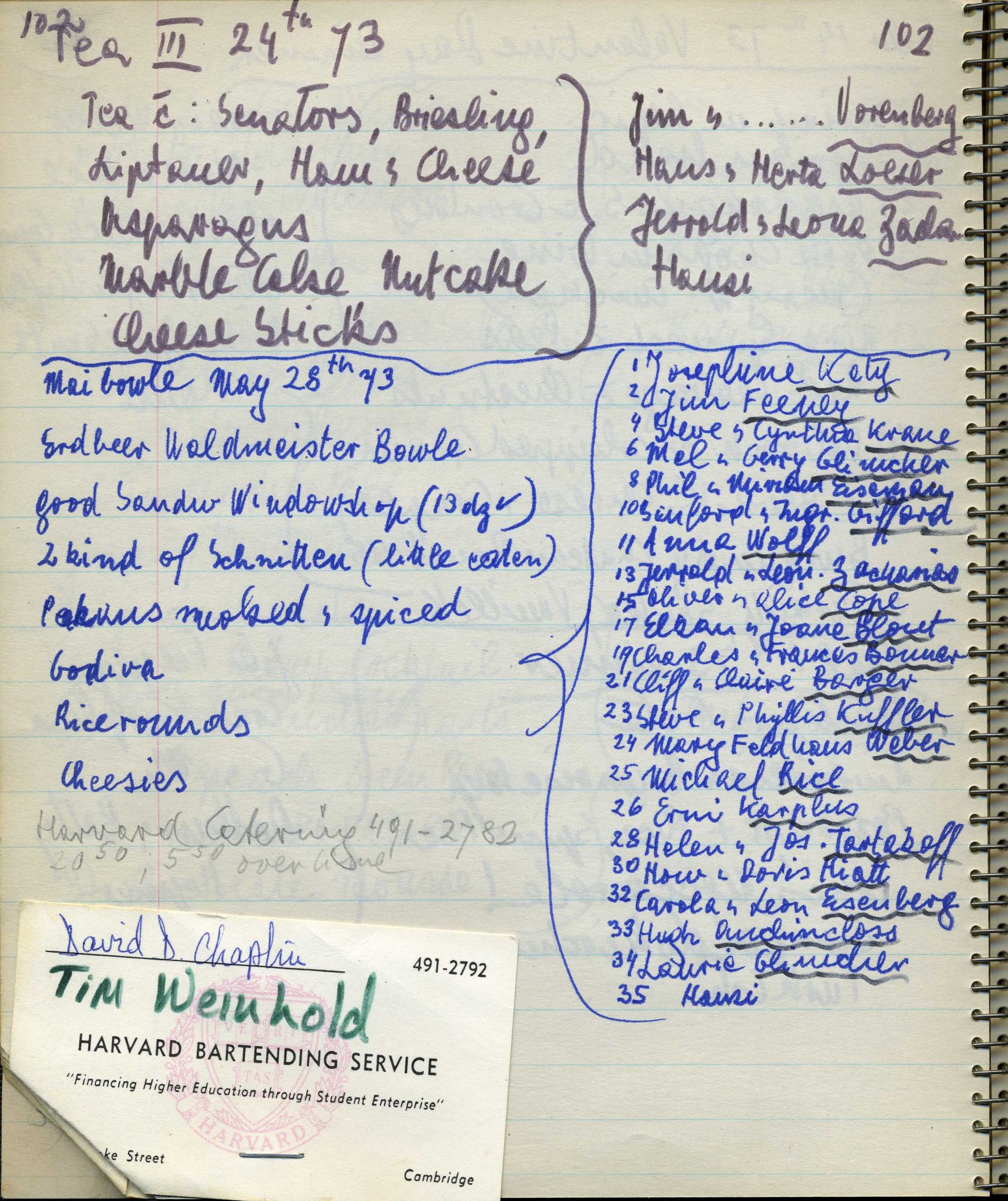 This punch menu indicates the use of catering services and a Harvard University bartender.